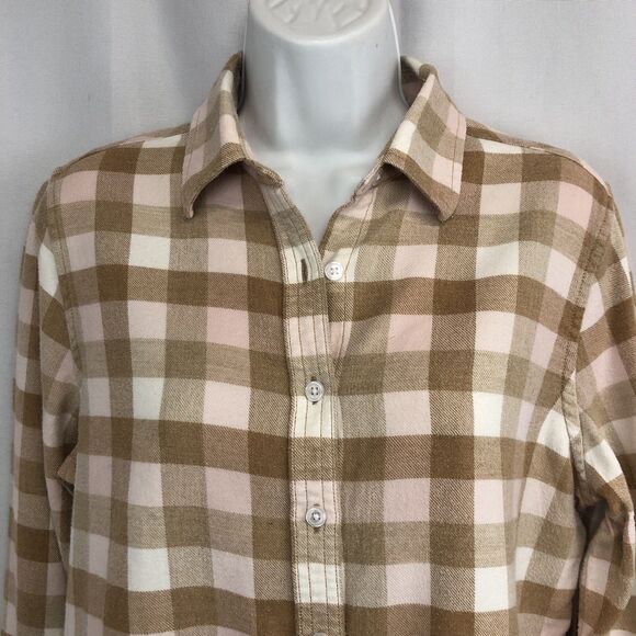 Lands End Womens Flannel Shirt Top Size 10 Long Sleeve Button Down Tan Pink - Picture 4 of 12